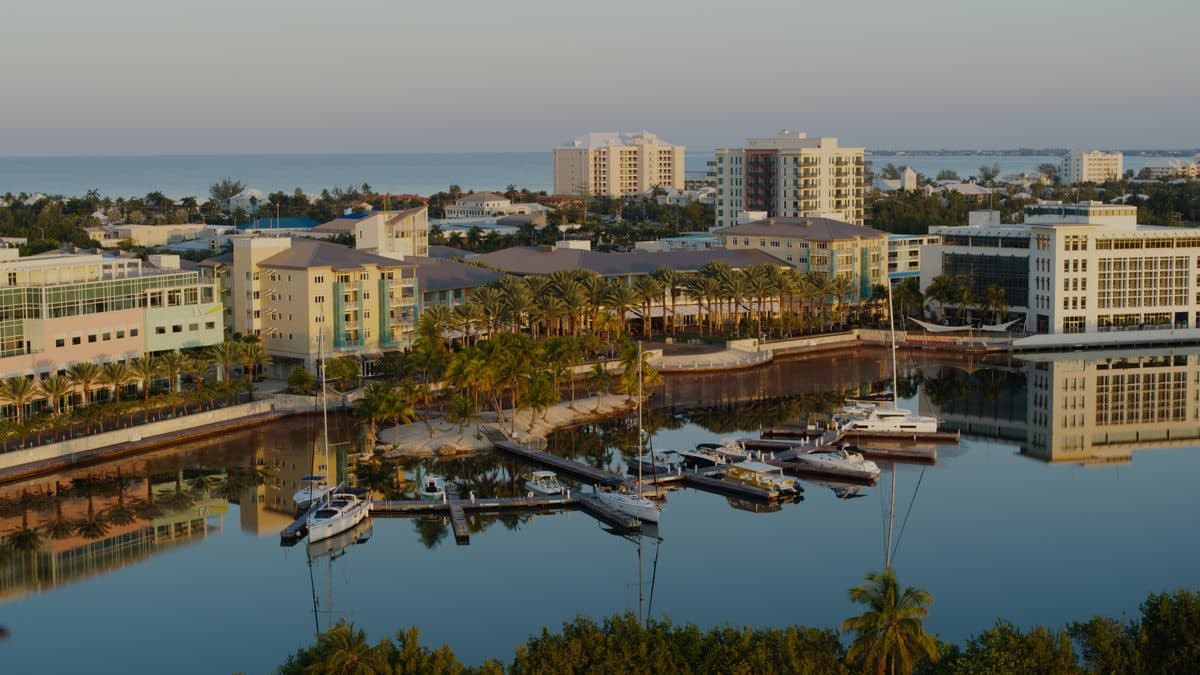 Camana Bay harbour at golden hour
