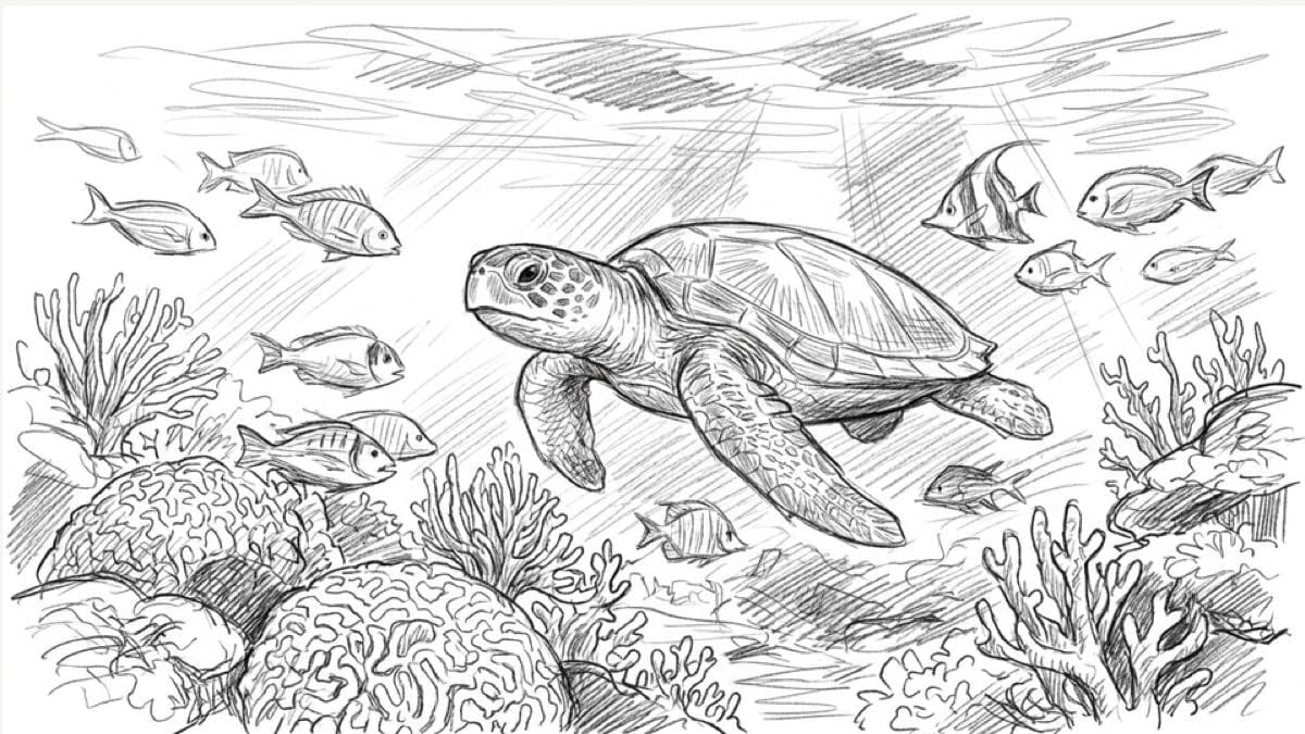 Pencil storyboard frame of a loggerhead turtle swimming over a reef among small fish