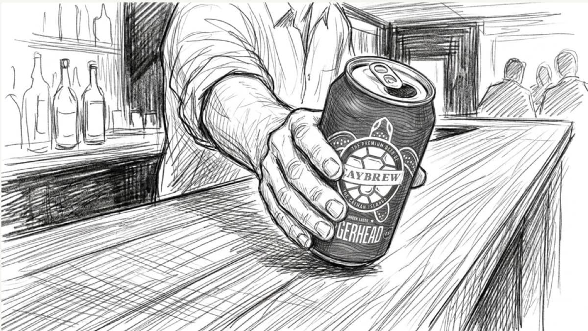 Pencil storyboard frame of a hand setting a Lagerhead can down on a taproom bar