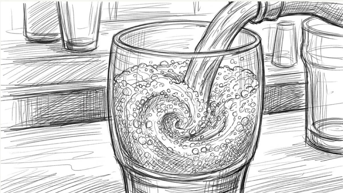 Pencil storyboard frame of beer being poured into a glass, close on the bubbles
