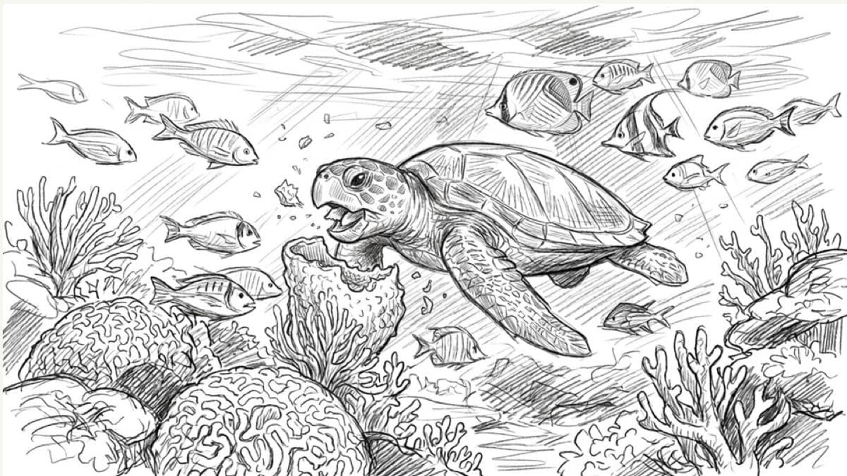 Pencil storyboard frame of a turtle in open water with fish around it