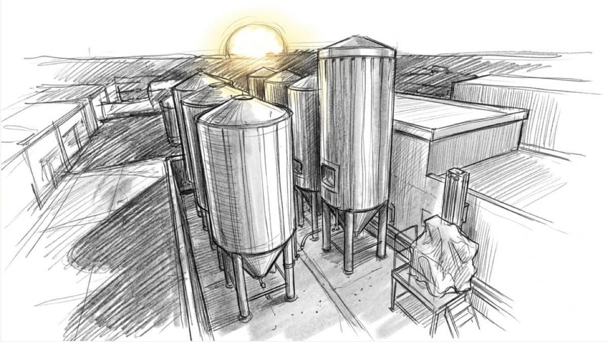 Pencil storyboard frame of the sun setting behind the brewery tanks, drawn from above