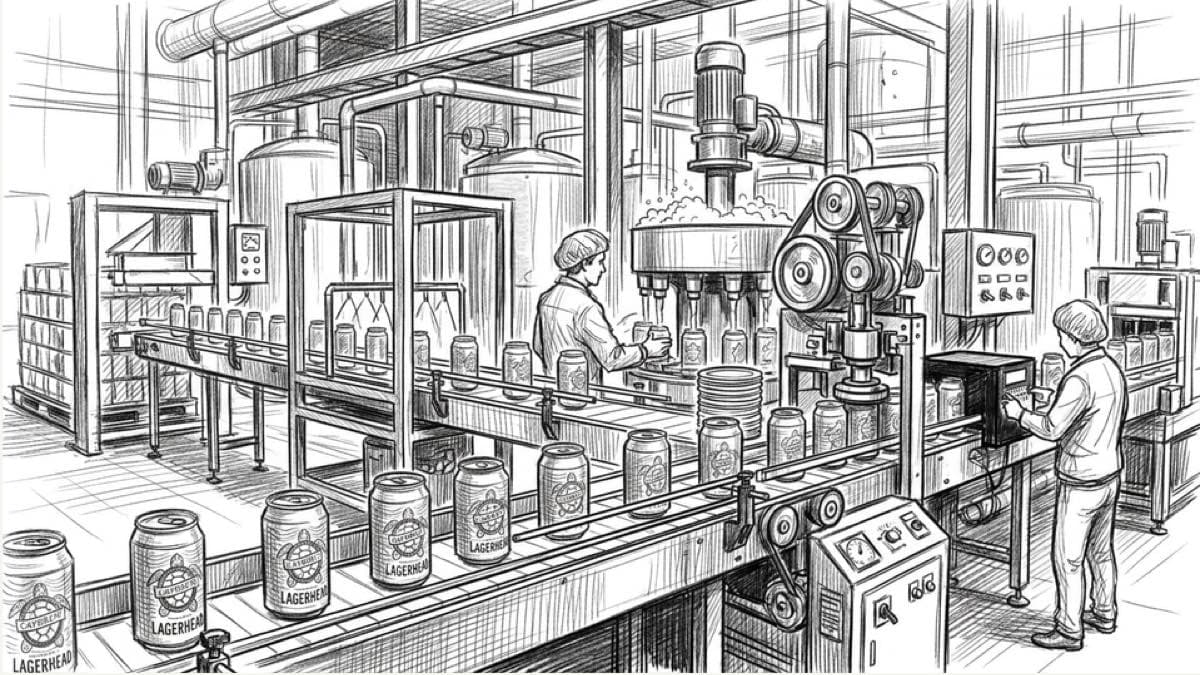 Pencil storyboard frame of cans moving along the brewery filling line with a worker alongside