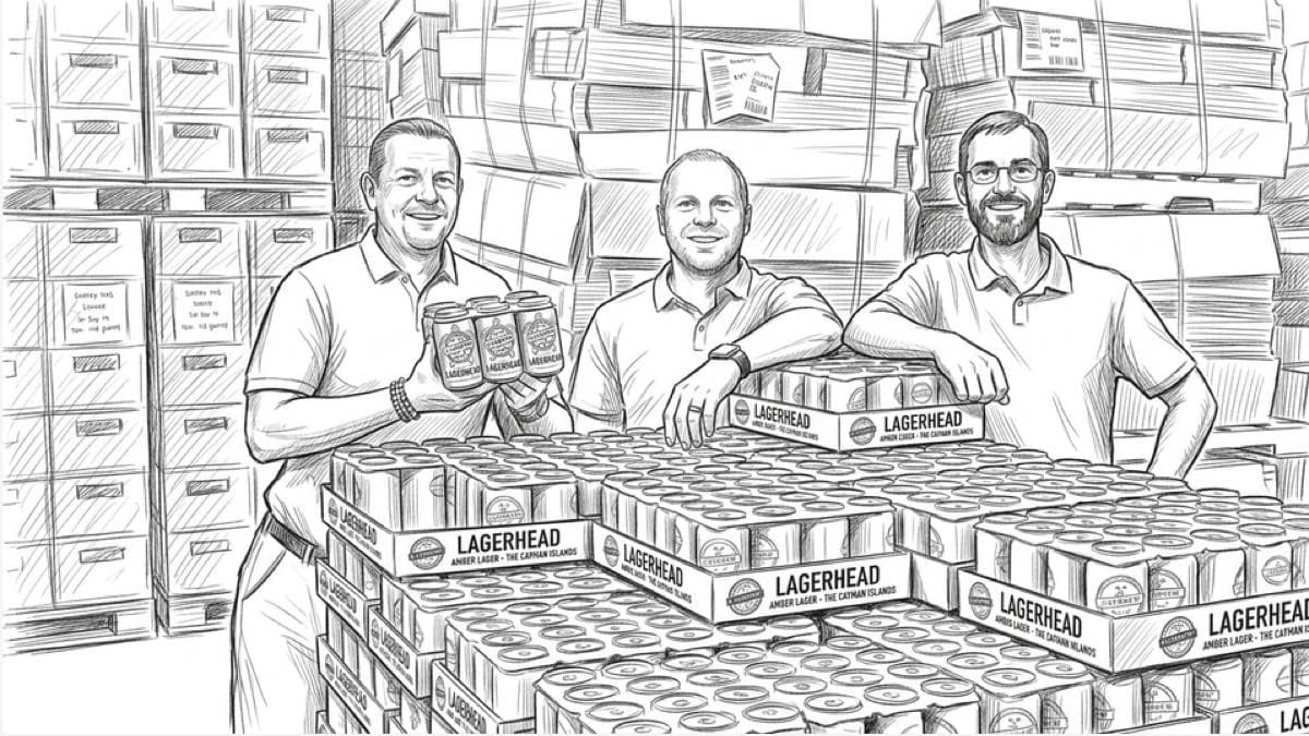 Pencil storyboard frame of three brewery staff standing behind stacked trays of cans