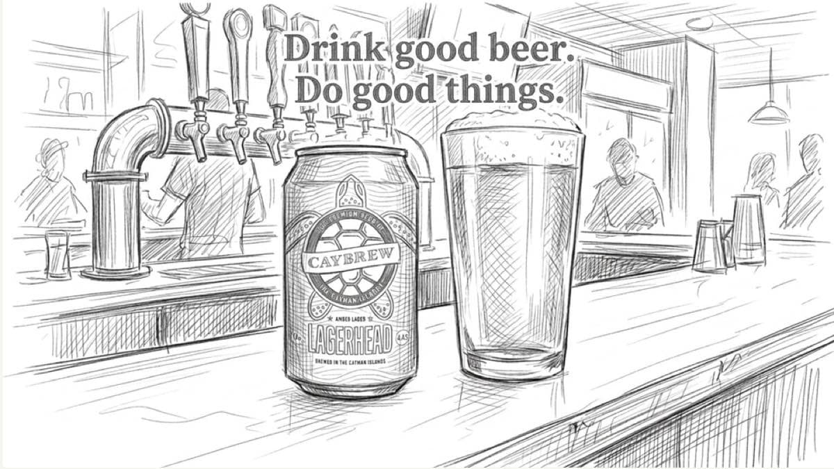 Pencil storyboard frame of the end card, a can and a full pint under the line Drink good beer, do good things